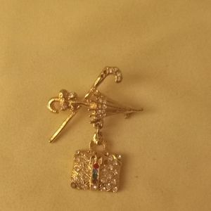 Brooch Goldtone Rhinestone Vintage Umbrella and Case Brooch 1980s Vintage